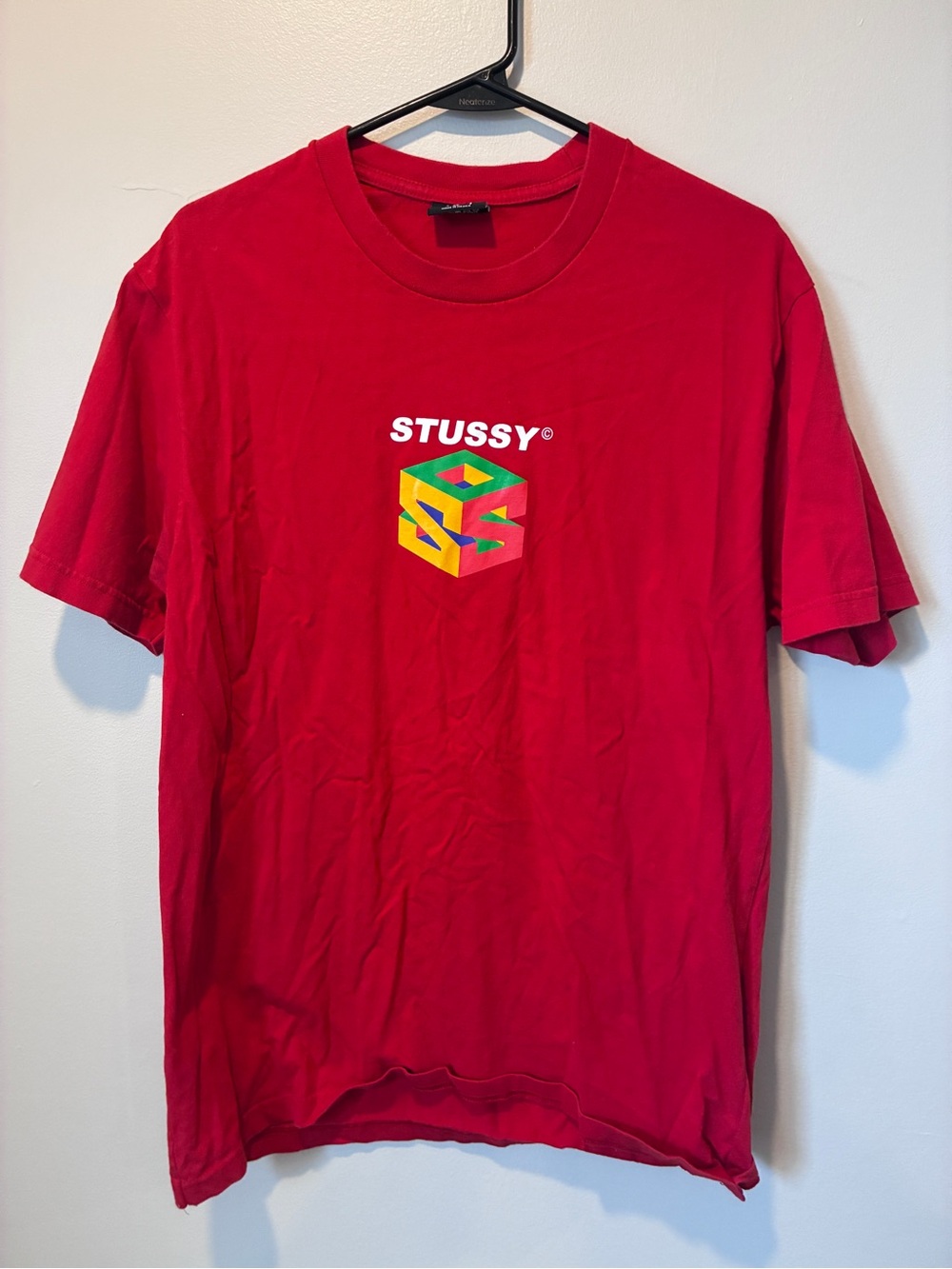 Stussy Red Short-Sleeve Tee with Multicolor Geometric Logo